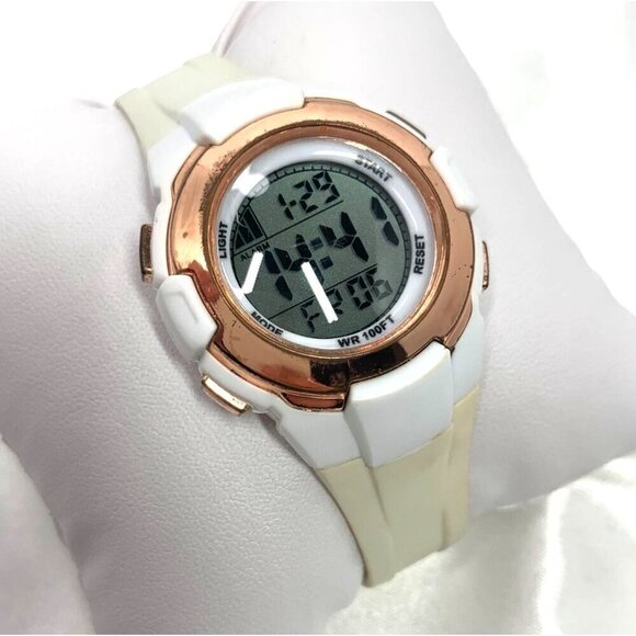 FMD Digital Sports Watch Rose Gold-Tone Bezel & White Silicone Strap FMDAW556 - Picture 1 of 10